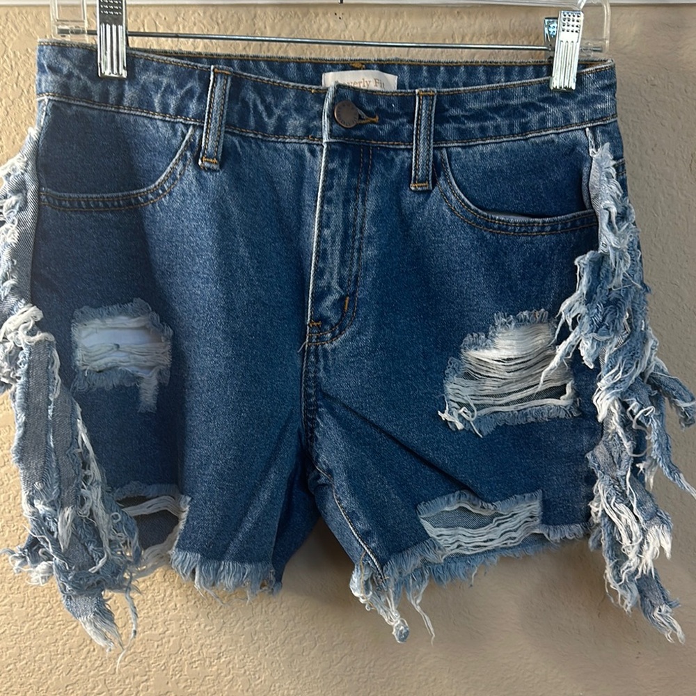 NEW Loverly‎ Fit Distressed Denim Ripped High Waisted Fringe Blue Shorts Small